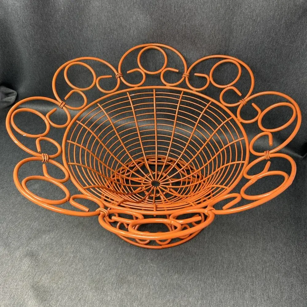 Vintage Orange Metal Wire Fruit Basket Footed Large Centerpiece Bowl Scrollwork